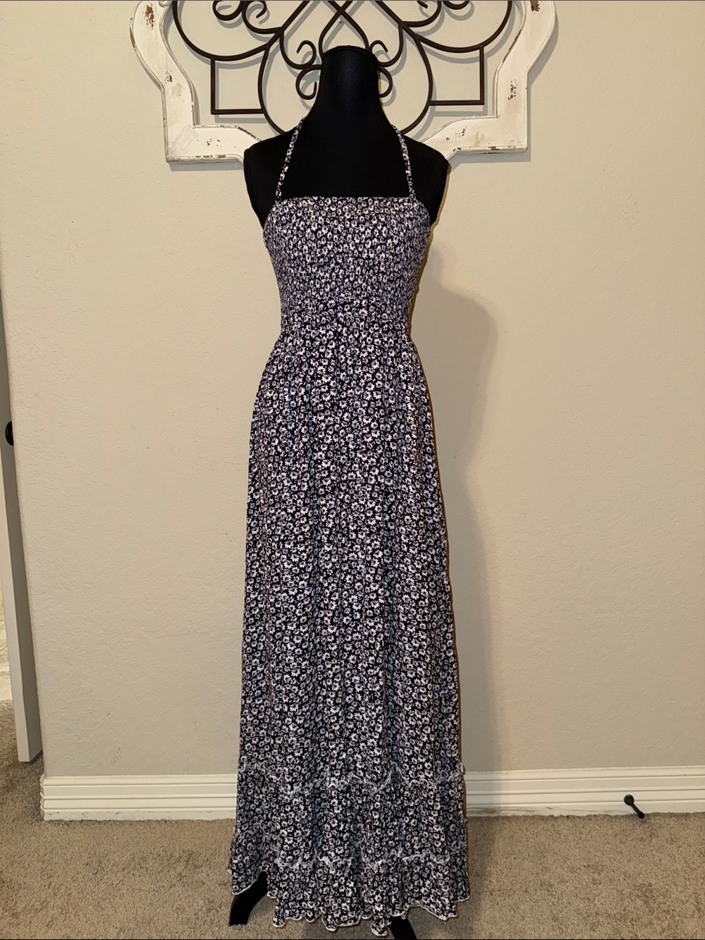 Smocked Halter Navy Floral Maxi Dress